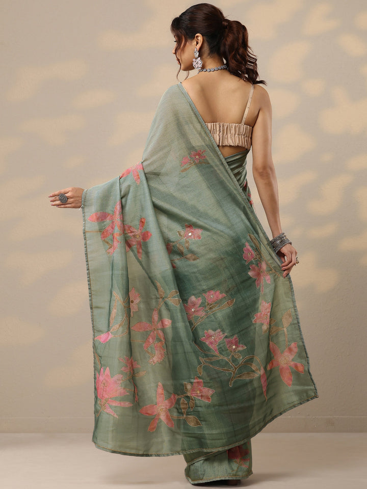 Green Printed Silk Blend Sarees With Unstitched Blouse Piece