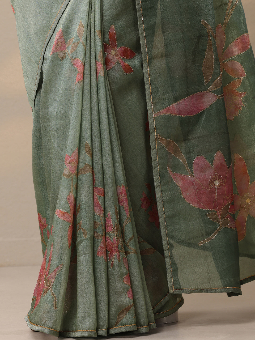 Green Printed Silk Blend Sarees With Unstitched Blouse Piece