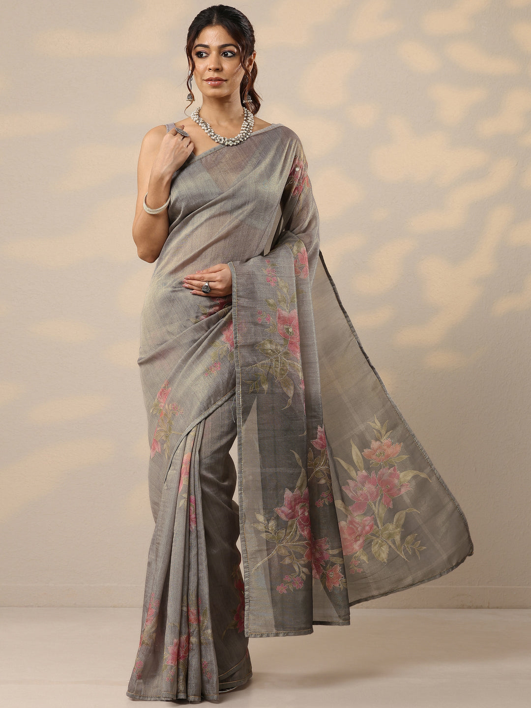 Grey Printed Silk Blend Sarees With Unstitched Blouse Piece
