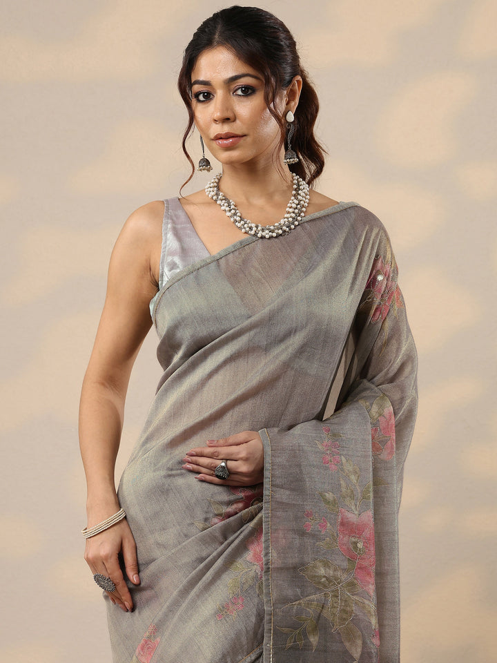Grey Printed Silk Blend Sarees With Unstitched Blouse Piece