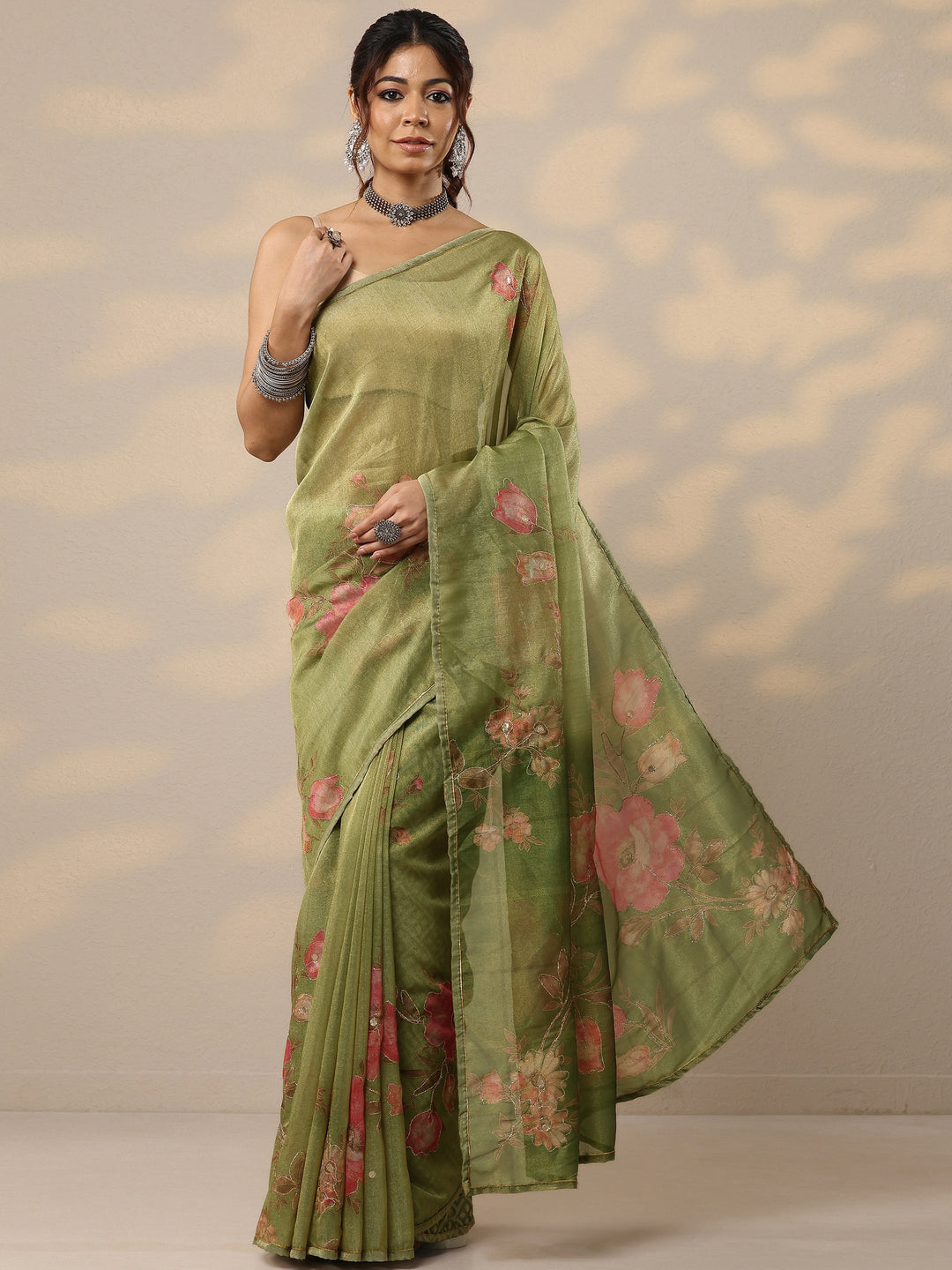 Green Printed Silk Blend Sarees With Unstitched Blouse Piece