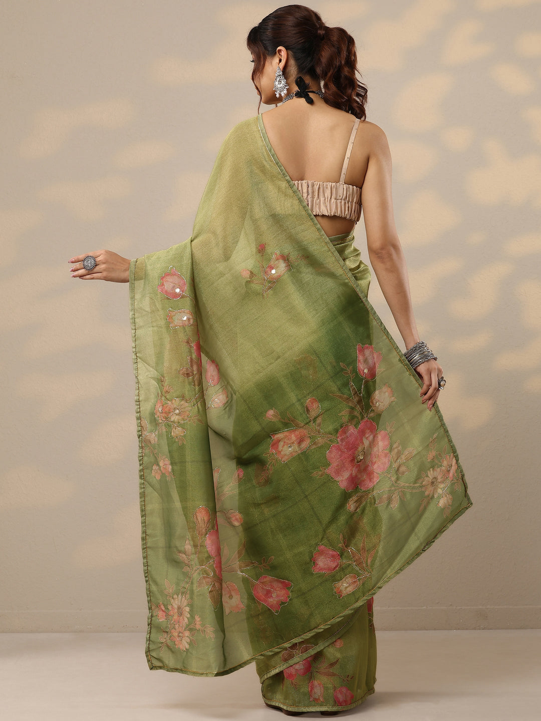 Green Printed Silk Blend Sarees With Unstitched Blouse Piece