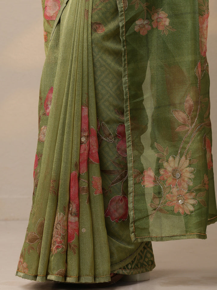 Green Printed Silk Blend Sarees With Unstitched Blouse Piece