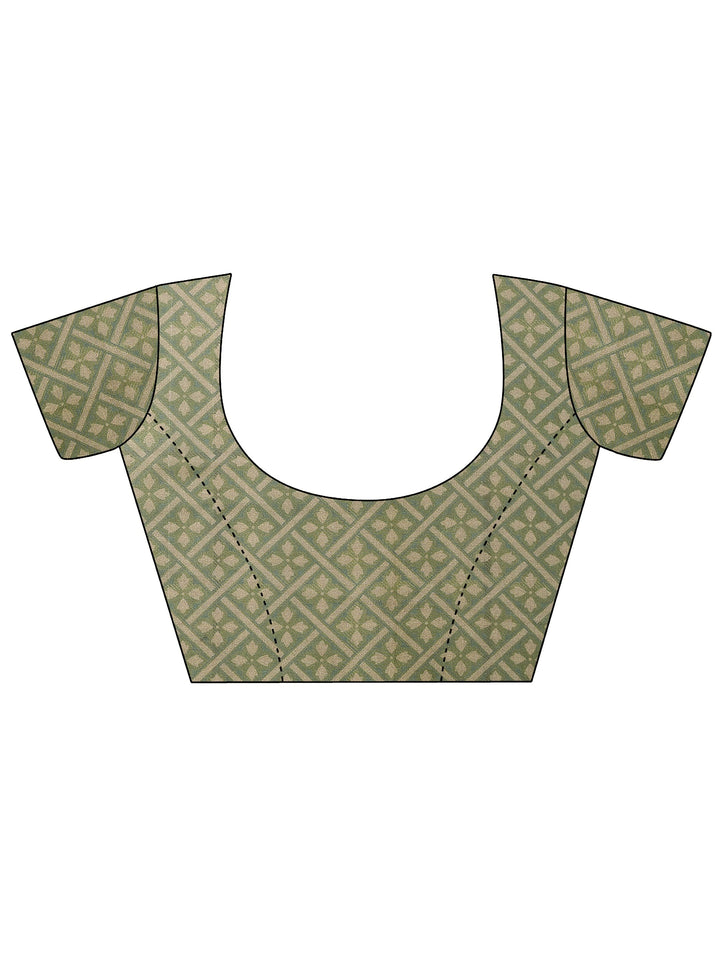 Green Printed Silk Blend Sarees With Unstitched Blouse Piece