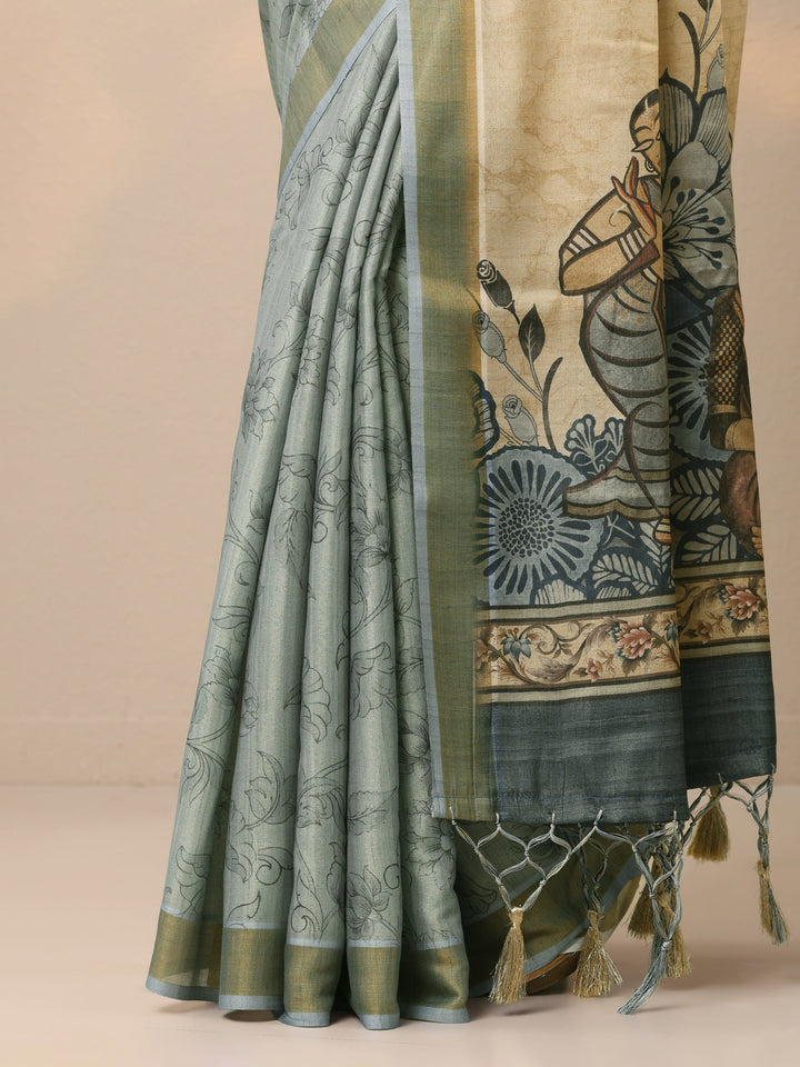 Blue Printed Silk Blend Sarees With Unstitched Blouse Piece