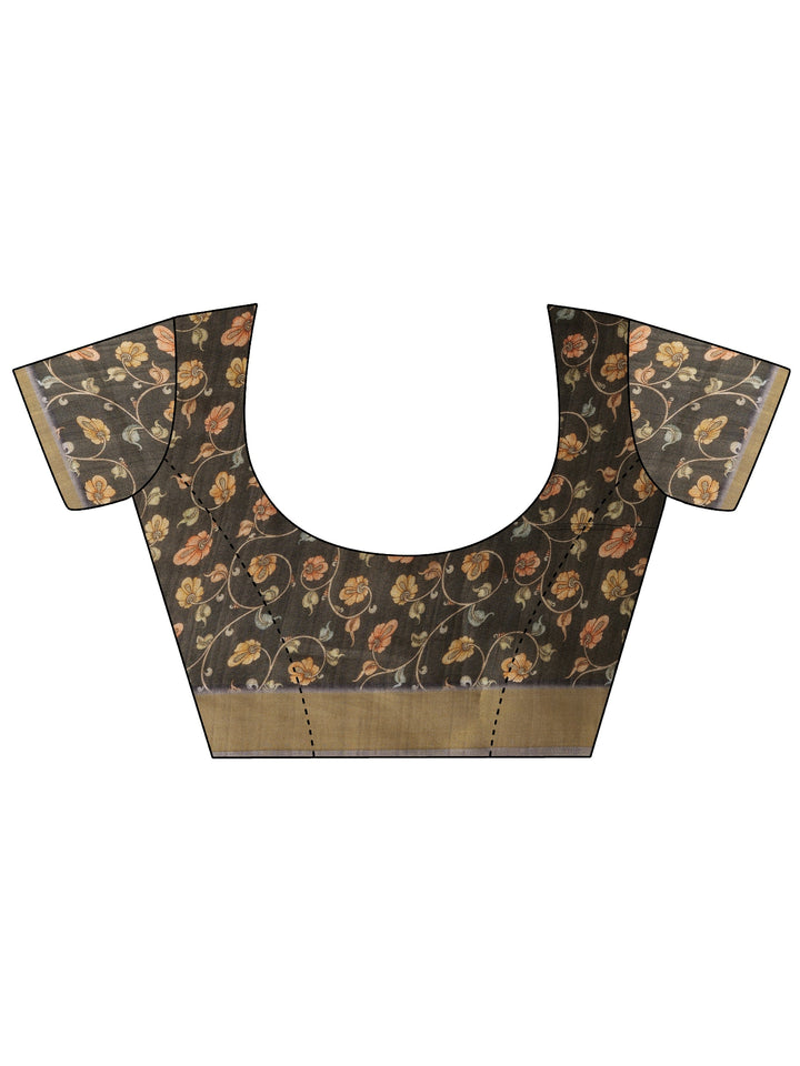 Grey Printed Silk Blend Sarees With Unstitched Blouse Piece