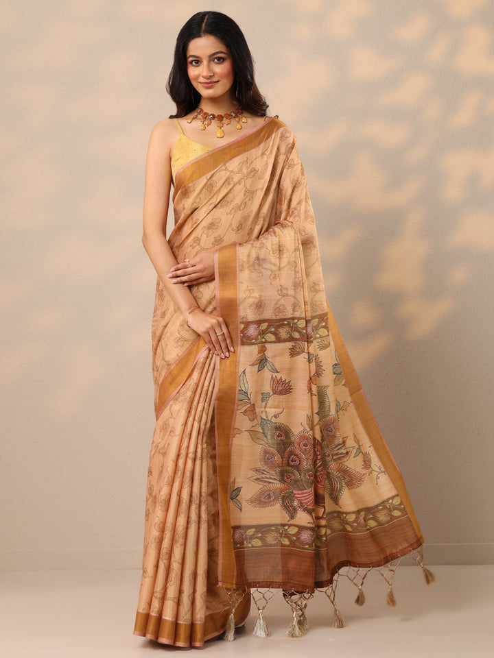 Peach Printed Silk Blend Sarees With Unstitched Blouse Piece