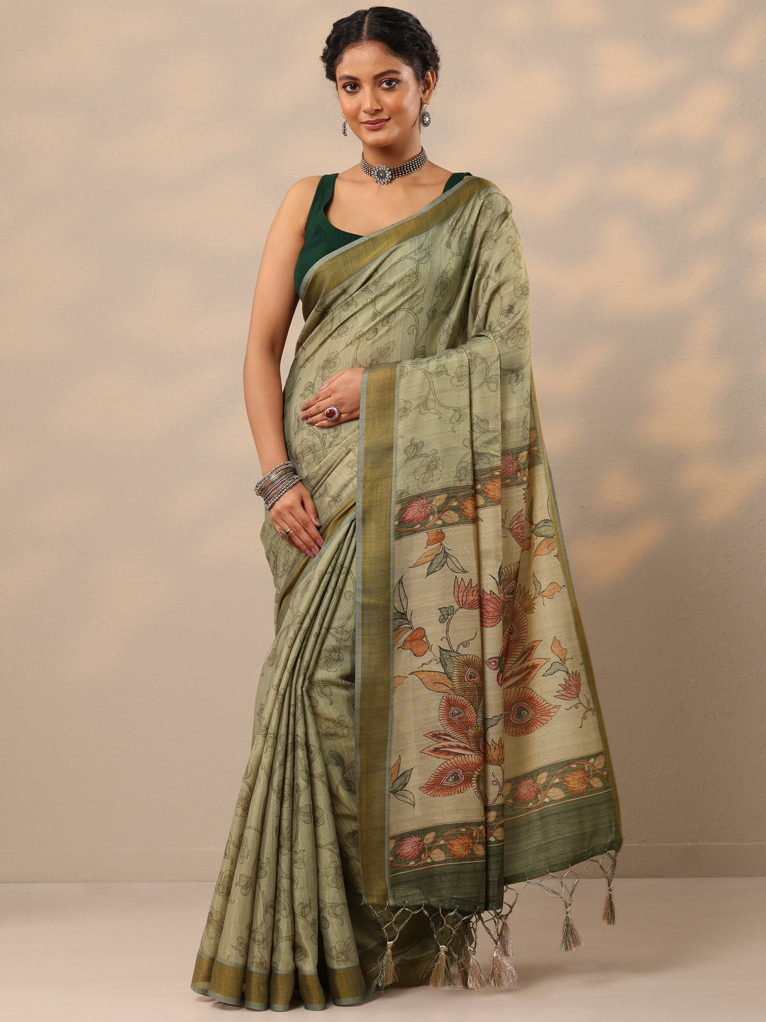 Green Printed Silk lend Saree With Unstitched Blouse Piece