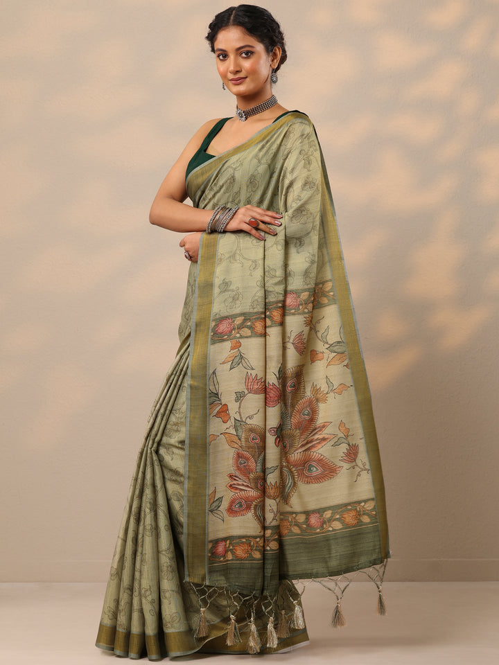 Green Printed Silk lend Saree With Unstitched Blouse Piece