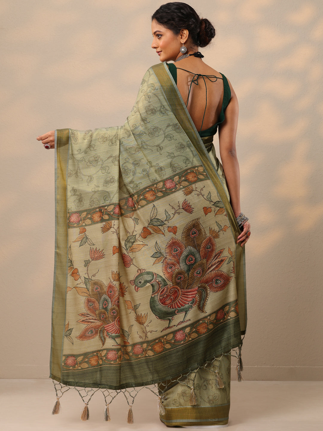 Green Printed Silk lend Saree With Unstitched Blouse Piece
