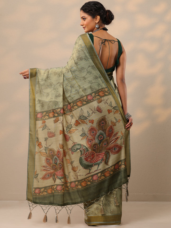 Green Printed Silk lend Saree With Unstitched Blouse Piece