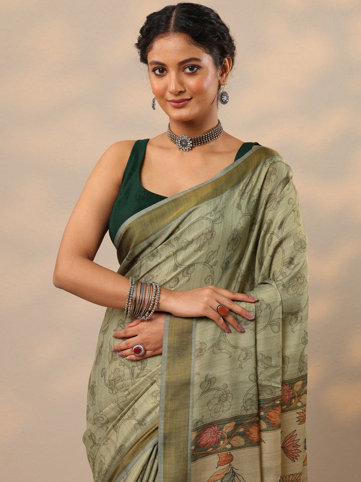 Green Printed Silk lend Saree With Unstitched Blouse Piece