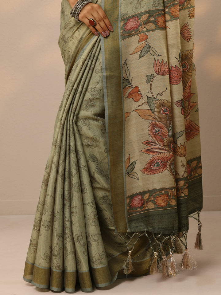 Green Printed Silk lend Saree With Unstitched Blouse Piece