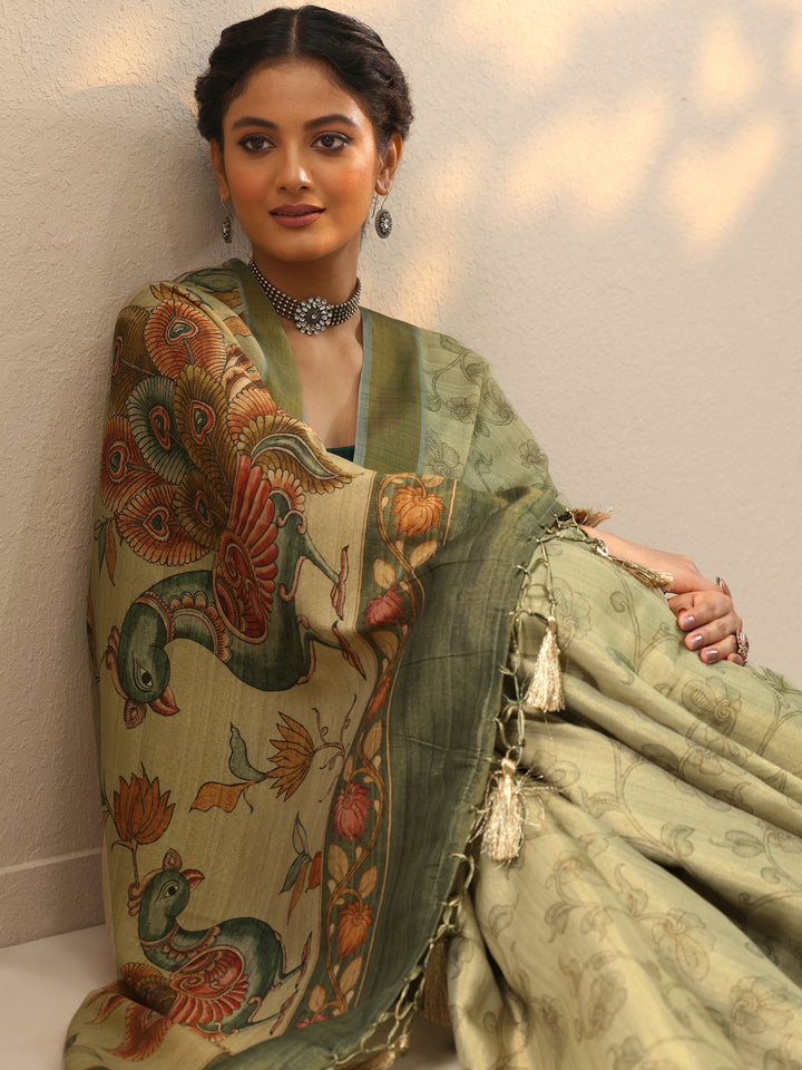 Green Printed Silk lend Saree With Unstitched Blouse Piece