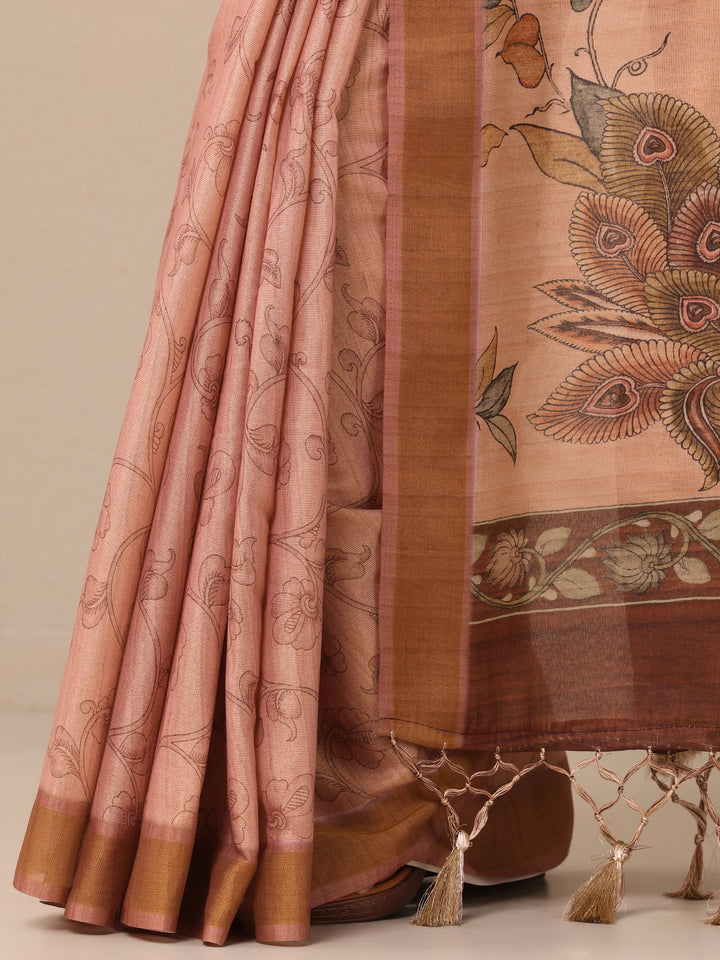 Peach Printed Silk Blend Sarees With Unstitched Blouse Piece