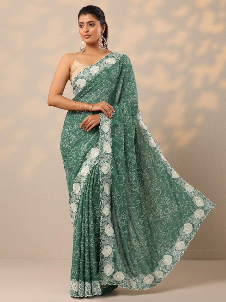 Turquoise blue Printed Georgette Sarees With Unstitched Blouse Piece