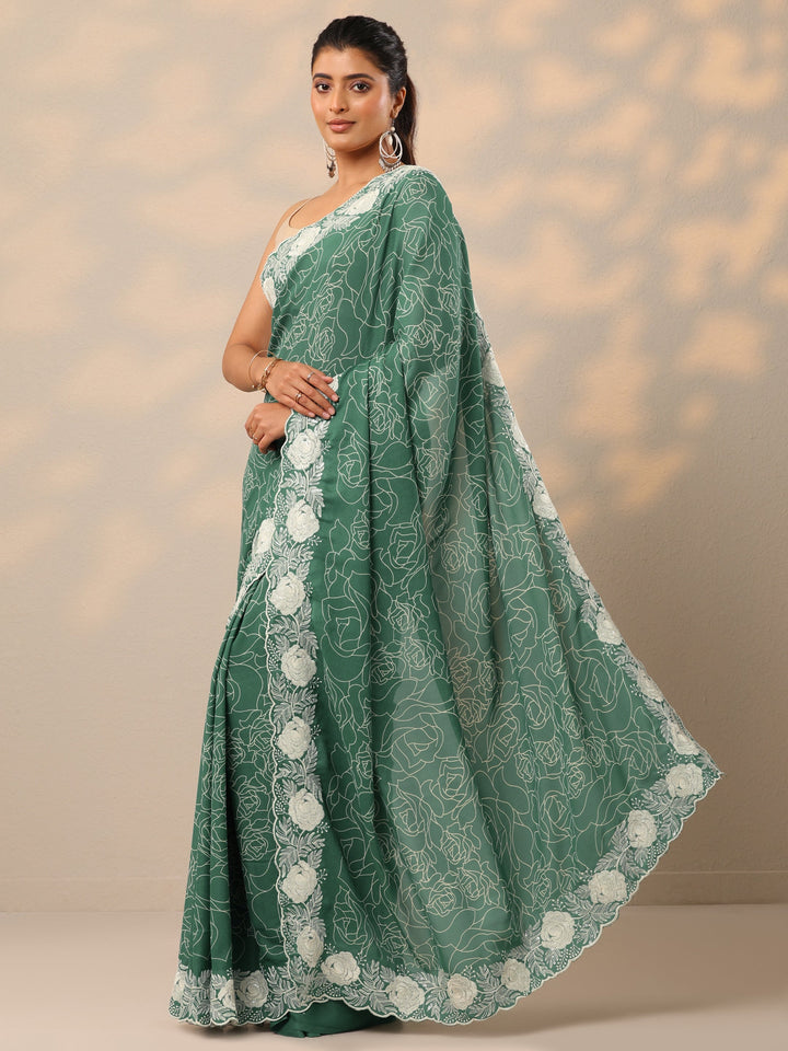 Turquoise blue Printed Georgette Sarees With Unstitched Blouse Piece