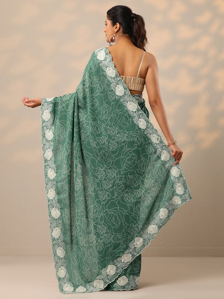 Turquoise blue Printed Georgette Sarees With Unstitched Blouse Piece