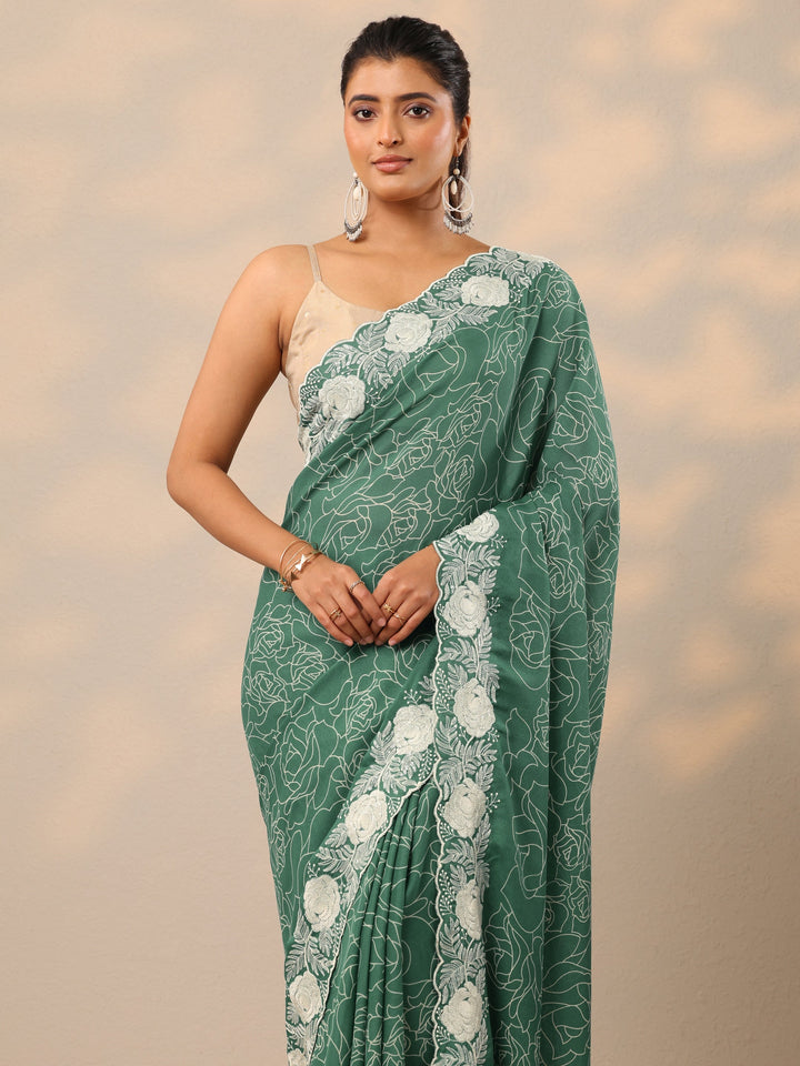 Turquoise blue Printed Georgette Sarees With Unstitched Blouse Piece