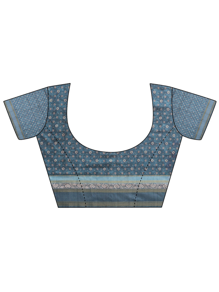Blue Printed Silk Blend Sarees With Unstitched Blouse Piece