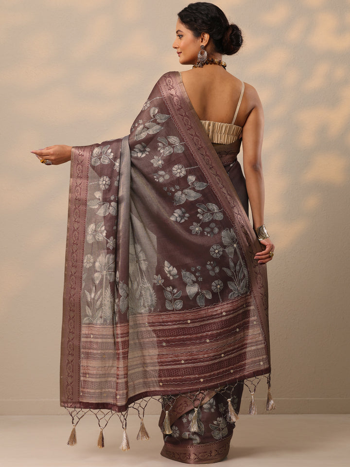Purple Printed Silk blend Saree With Unstitched Blouse Piece