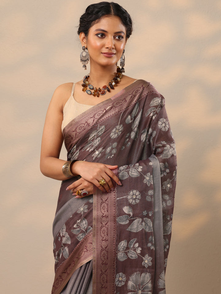 Purple Printed Silk blend Saree With Unstitched Blouse Piece