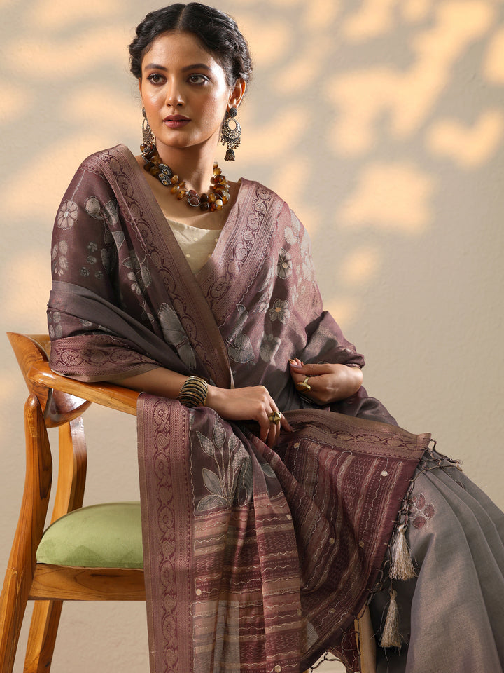 Purple Printed Silk blend Saree With Unstitched Blouse Piece