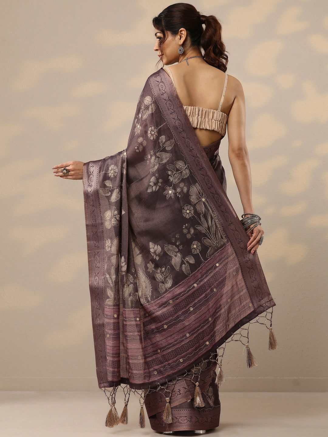 Mauve Printed Silk Blend Sarees With Unstitched Blouse Piece