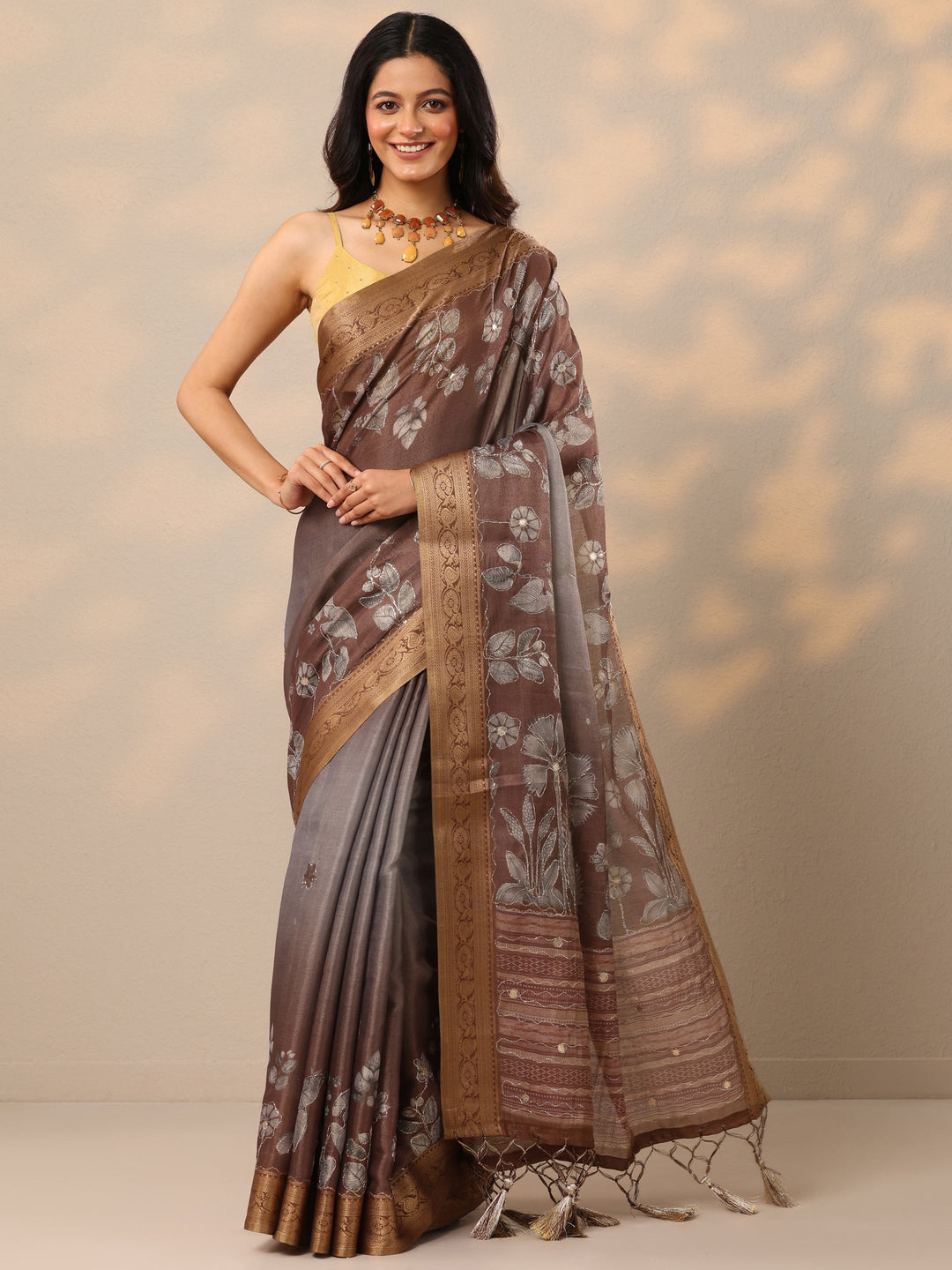 Brown Printed Silk Blend Sarees With Unstitched Blouse Piece