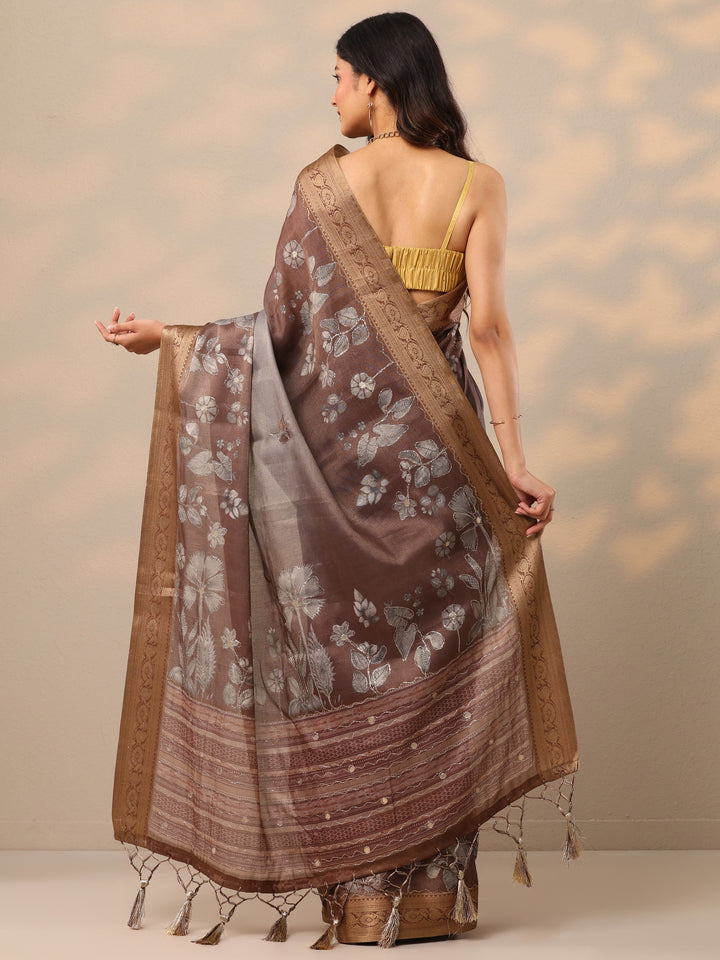 Brown Printed Silk Blend Sarees With Unstitched Blouse Piece