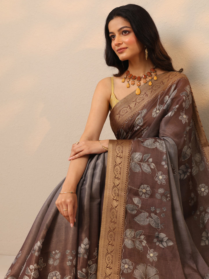 Brown Printed Silk Blend Sarees With Unstitched Blouse Piece