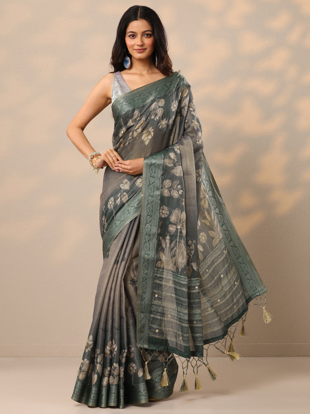 Blue Printed Silk Blend Sarees With Unstitched Blouse Piece