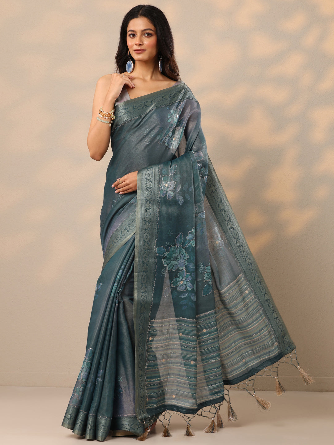 Blue Printed Silk Blend Sarees With Unstitched Blouse Piece