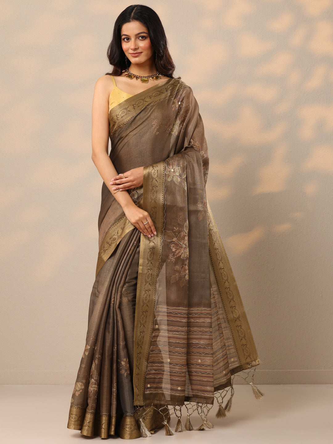 Brown Printed Silk Blend Sarees With Unstitched Blouse Piece