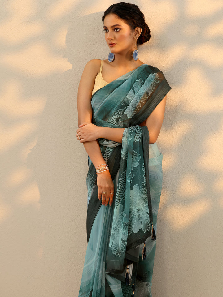 Teal Printed Georgette Saree With Unstitched Blouse Piece