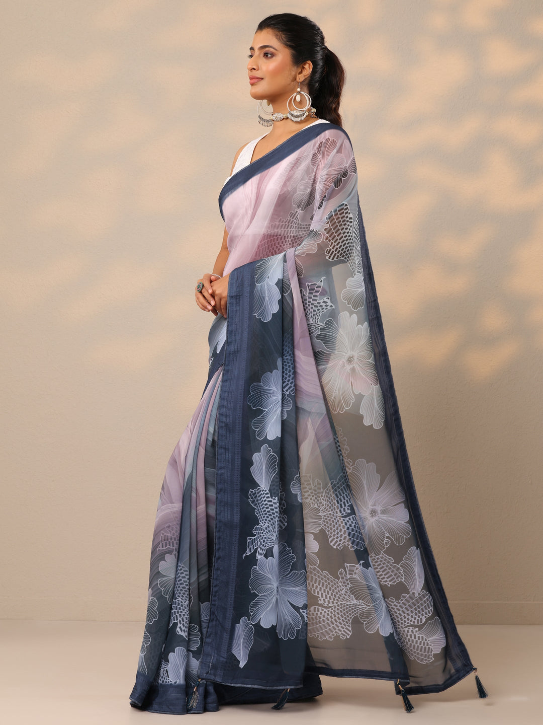 Blue Printed Georgette Sarees With Unstitched Blouse Piece