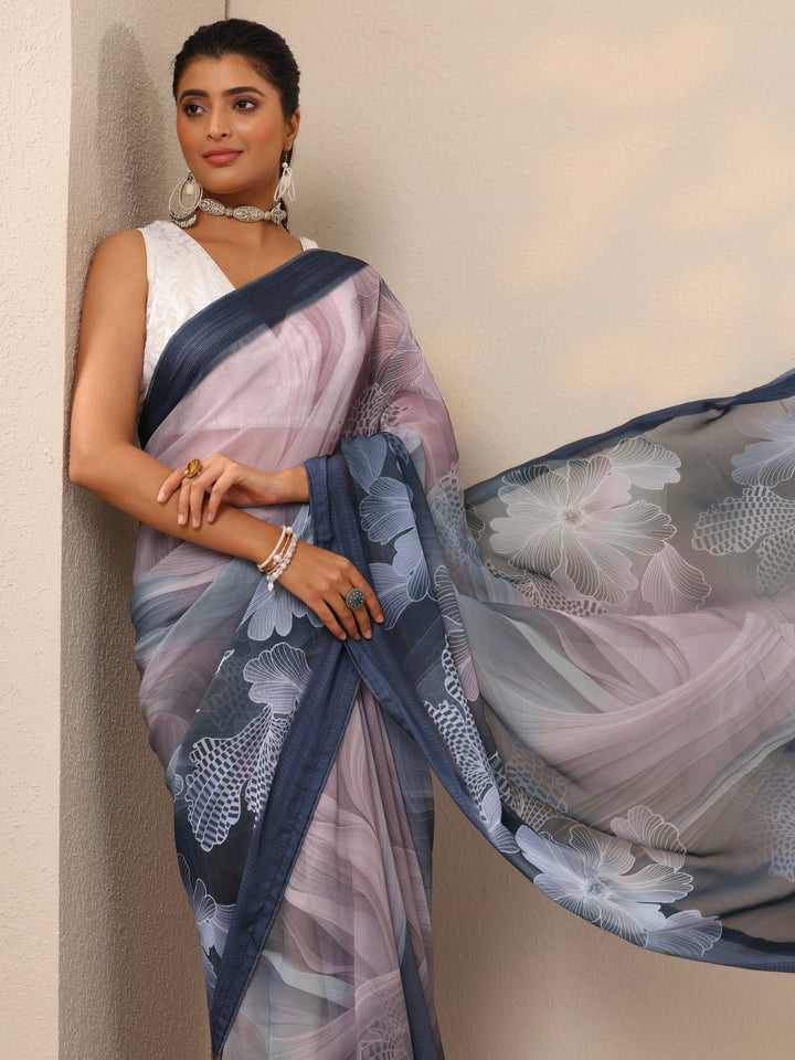 Blue Printed Georgette Sarees With Unstitched Blouse Piece