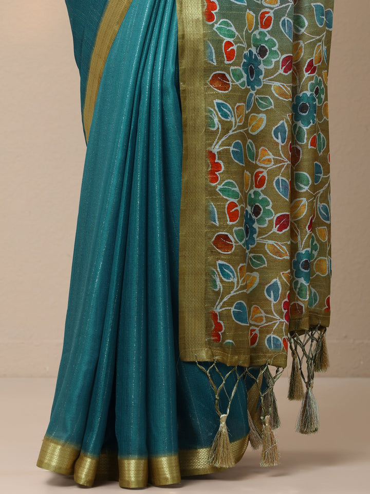 Teal Printed Silk Blend Sarees With Unstitched Blouse Piece