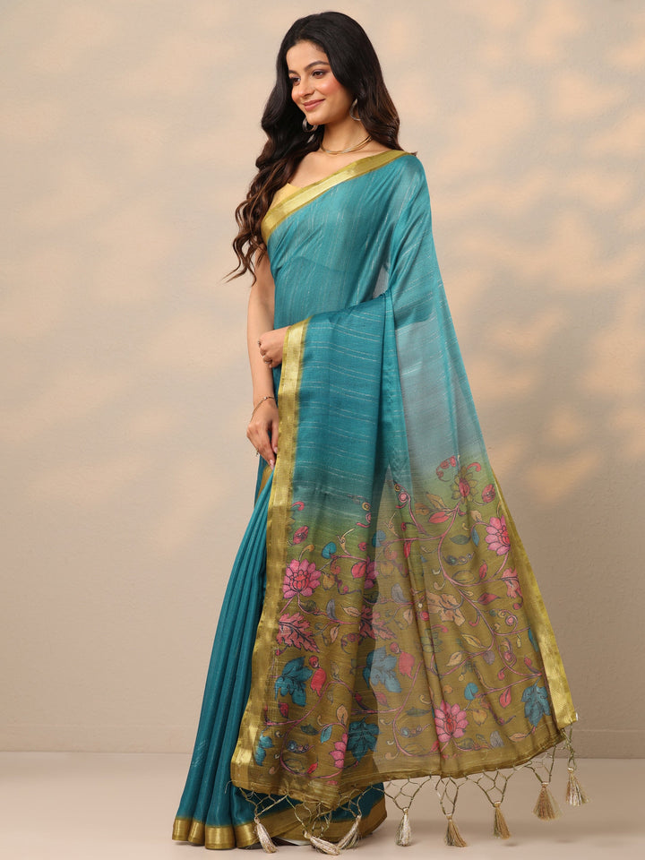 Teal Printed Silk Blend Sarees With Unstitched Blouse Piece