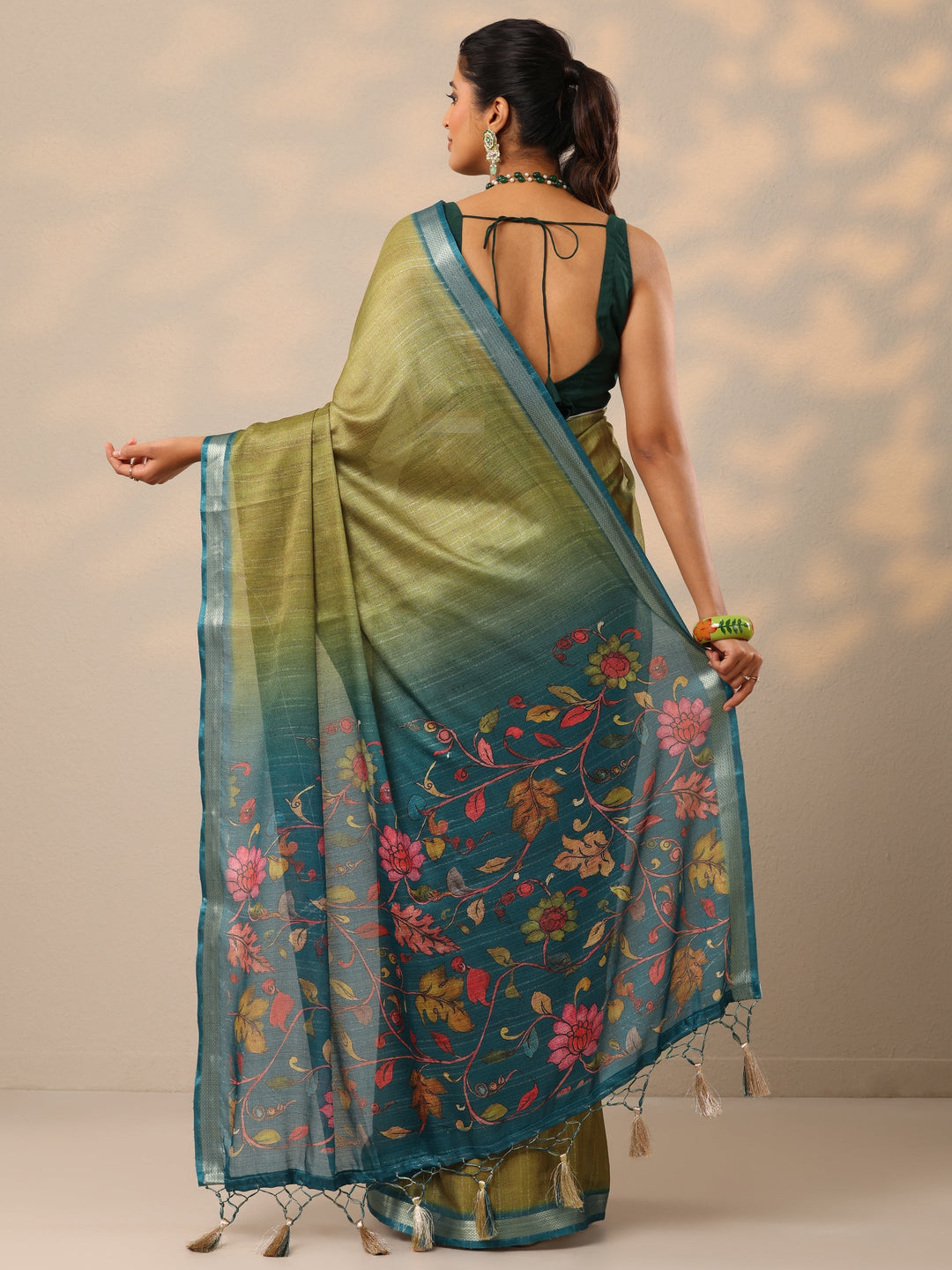 Olive Printed Silk Blend Sarees With Unstitched Blouse Piece