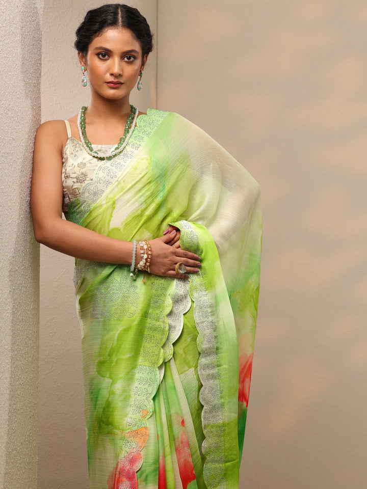 Green Embellished Chinon Saree With Unstitched Blouse Piece