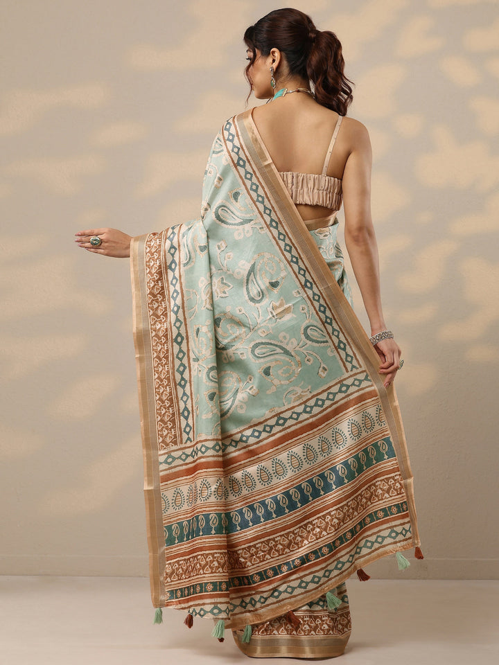 Blue Printed Silk Blend Sarees With Unstitched Blouse Piece