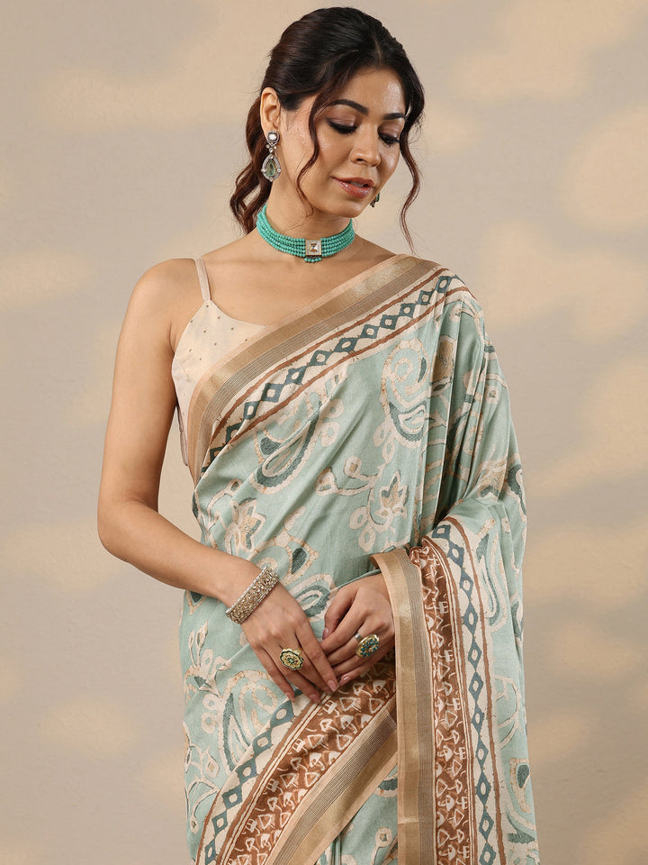 Blue Printed Silk Blend Sarees With Unstitched Blouse Piece