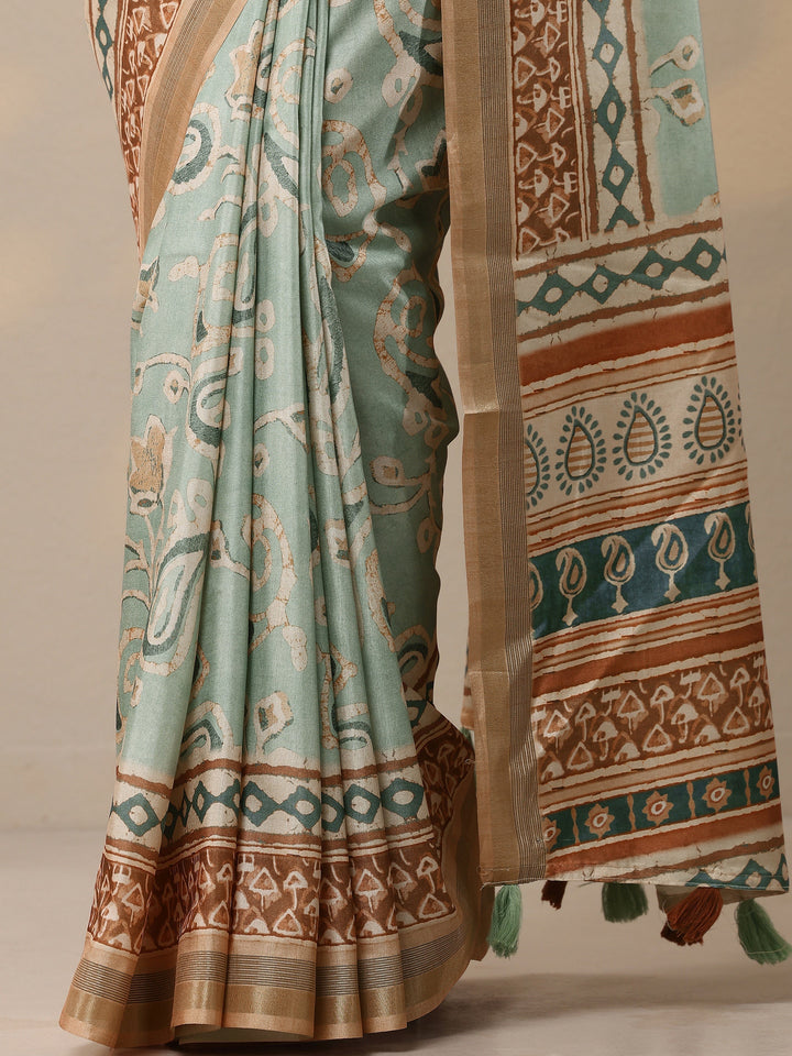 Blue Printed Silk Blend Sarees With Unstitched Blouse Piece