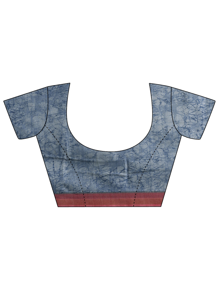 Blue Block Printed Silk blend Saree With Unstitched Blouse Piece