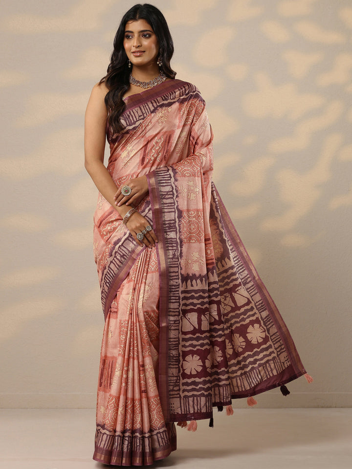 Peach Printed Silk Blend Sarees With Unstitched Blouse Piece