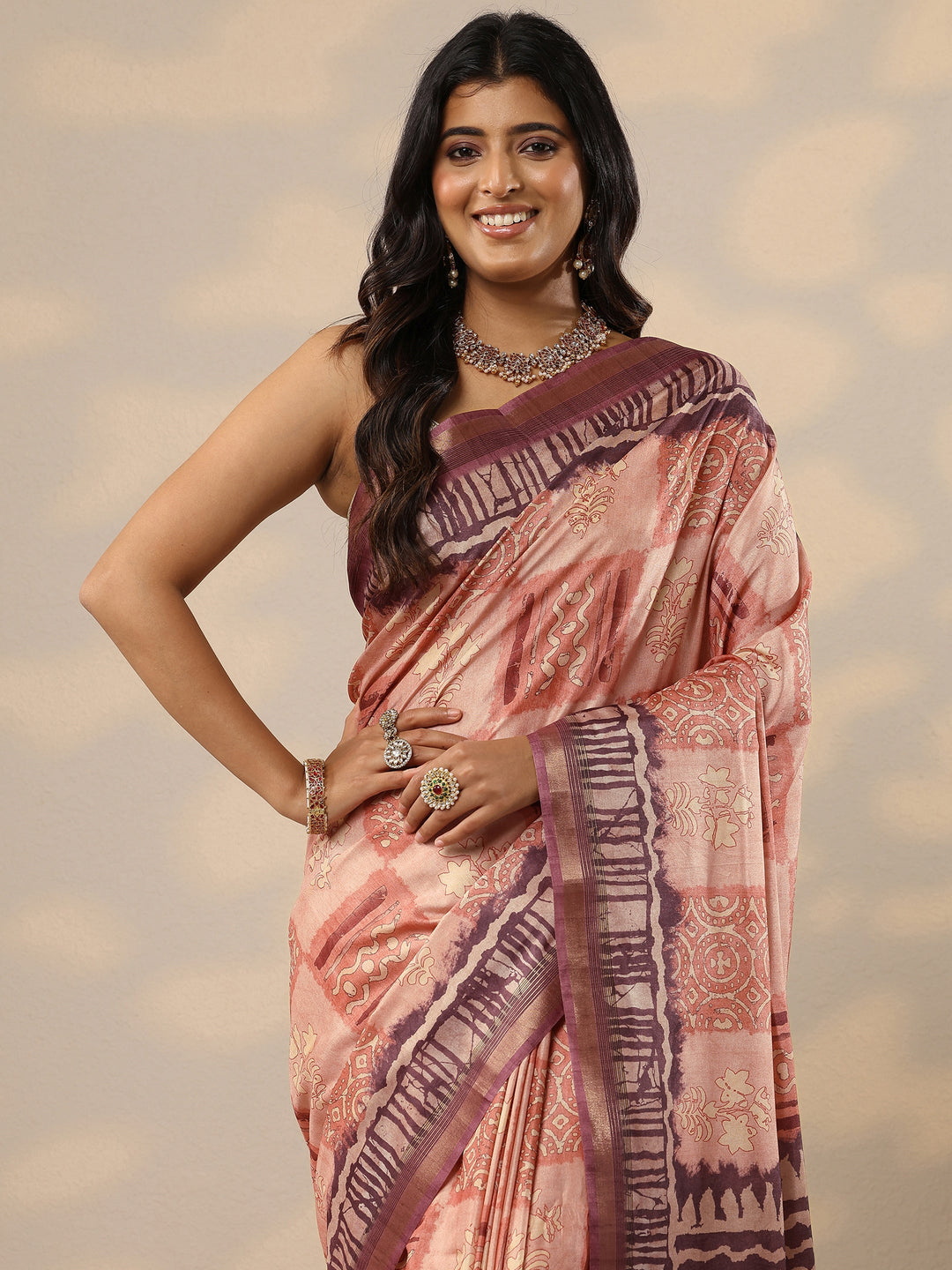 Peach Printed Silk Blend Sarees With Unstitched Blouse Piece
