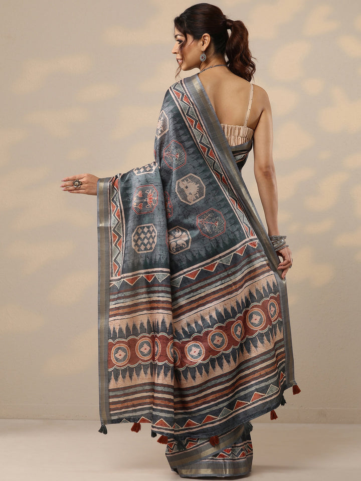 Blue Printed Silk Blend Sarees With Unstitched Blouse Piece