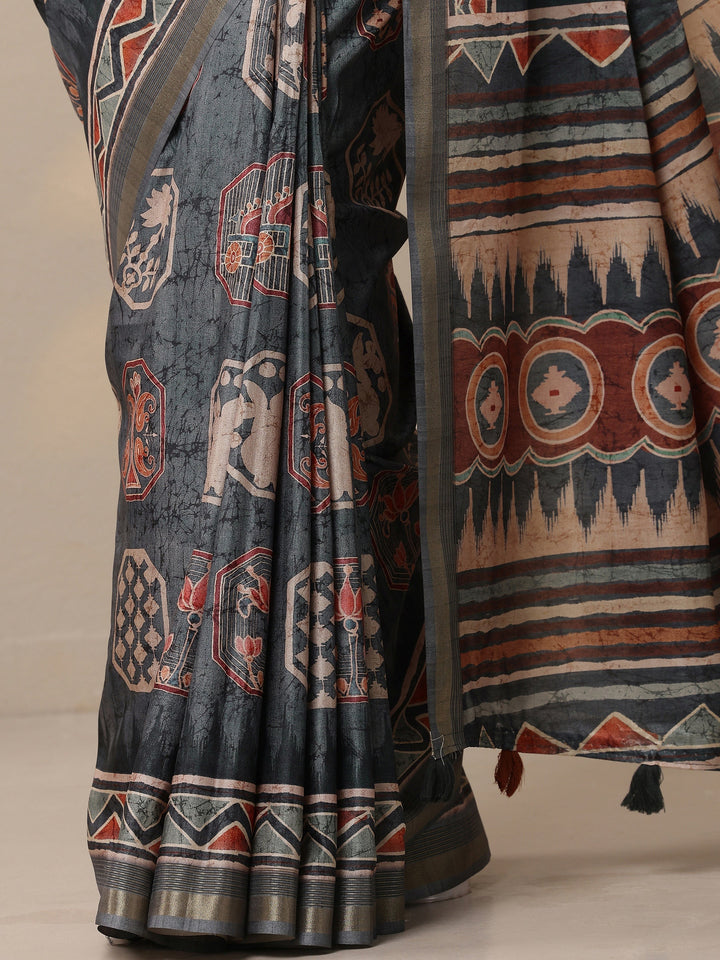 Blue Printed Silk Blend Sarees With Unstitched Blouse Piece