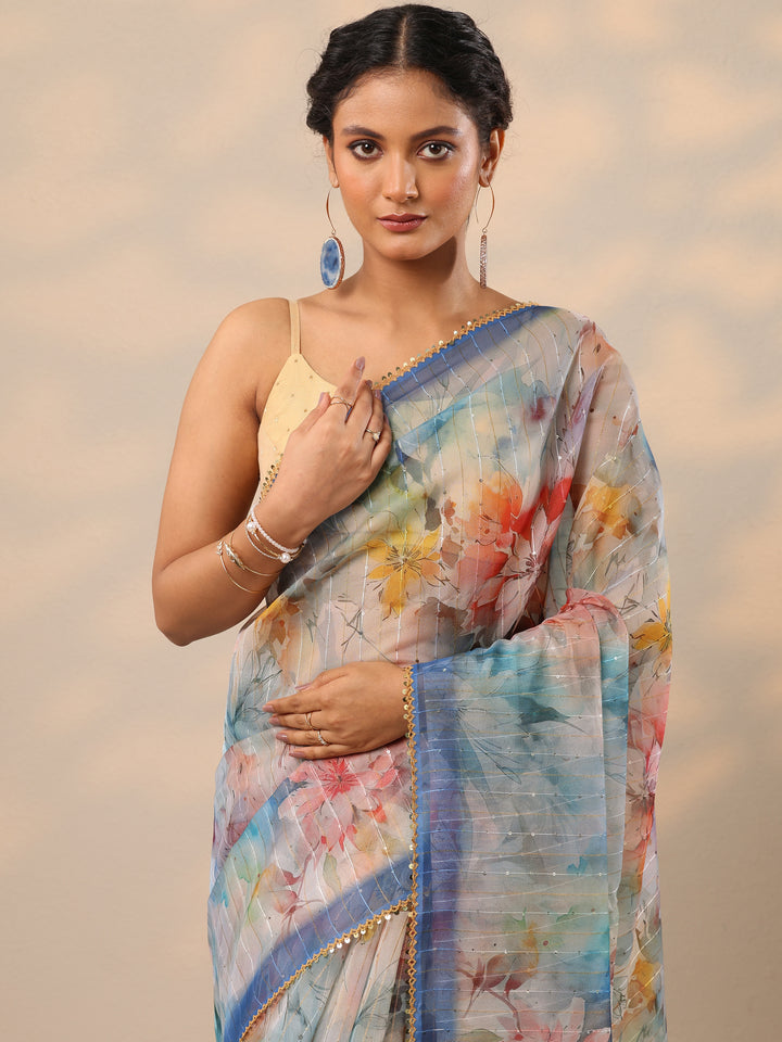 Blue Printed Nylon Saree With Unstitched Blouse Piece
